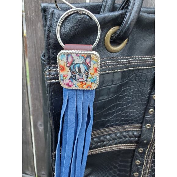 Handmade boho Boston terrier Gift Leather Fringe Western bag charm keychain - Picture 2 of 4